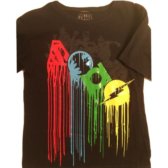 JUSTICE LEAGUE Black Tshirt, Batman Superman Aquaman Flash, Boy’s M (10/12) - Picture 1 of 4